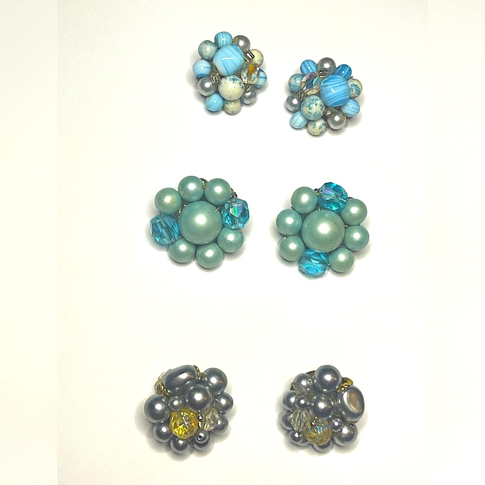 Vintage clip earrings marked Japan lot of 3 pairs blue beaded gold silver gift